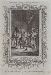 Guy Fawkes gearresteerd op bevel van Sir Thomas Knevet (gravure)