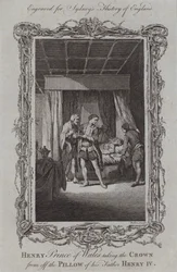 Henry Prins van Wales neemt de kroon van het kussen van zijn vader Henry IV (gravure)