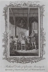 Richard, Hertog van Gloucester beschuldigt de koningin van Edward IV van hekserij