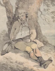 De heer P. Wilkinson zittend in de schaduw van een eik, lerend fluiten