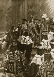 De inhuldiging tijdens de kroning van George I, 20 oktober 1714, uit ‘The Illustrated London News’, 1902