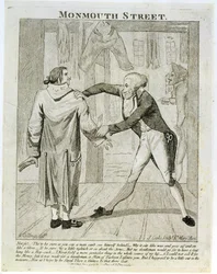 Monmouth Street, een karikatuur van een oude-kledingverkoper, gegraveerd door J. Cooke