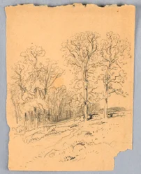 Tekening, Landschapsschets met een heuvelachtige landweg, ca. 1881