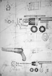 Originele plannen voor een tienkamerrevolver die later de zes-kamer werd gepatenteerd in 1836, c.1830