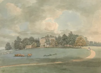 Een landhuis met figuren op de oprijlaan