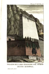 Woning van Tessaling Lama met het religieuze gebouw genaamd Kugopea. Illustratie door luitenant Samuel Davis uit Captain Samuel Turner (1759-1802) Verslag van een ambassade naar het hof van de Teshoo Lama in Tibet 1800. Kopergravure door Dell