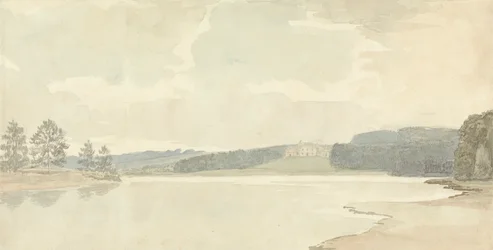 Rivierscène met een landhuis in de verte