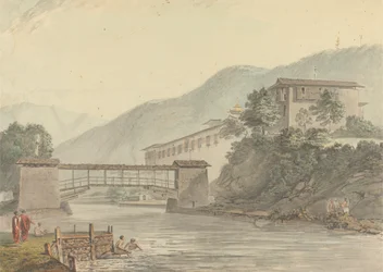 Uitzicht op Tashichoedzong, Bhutan en Voetbrug