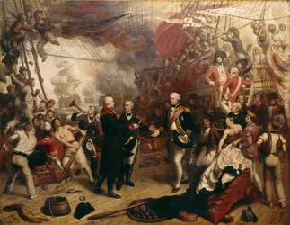 Admiraal Duncan ontvangt het zwaard van de Nederlandse admiraal De Winter bij de Slag bij Camperdown