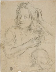 Jongen met hand op zijn hoofd en profiel van oude man