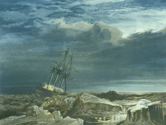 H.M.S. Investigator in het pakijs, 8 oktober 1850, gegraveerd door E. Walker, gepubliceerd in 1854