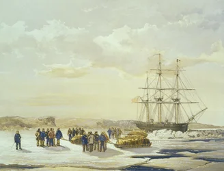 Sledepartij vertrekt van H.M.S. Investigator in Mercy Bay, 15 april 1853, gegraveerd door E. Walker, uitgegeven door Ackermann und Co., 1854