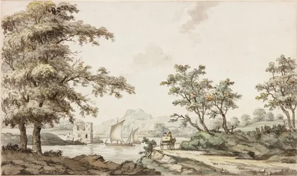 Een Rivier met Zeilboten en een Paard en Kar