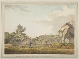 Ruïnes van het schip van de Boxgrove priorijkerk genomen vanuit het Kerkhof