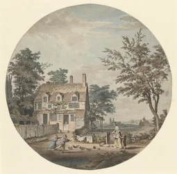 Landschap met huisje, brug en figuren