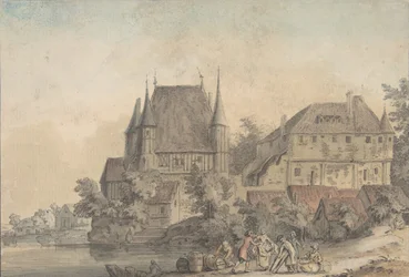 Uitzicht op een dorp langs een rivier