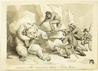 Zeelieden op de walvisvangst die een ijsbeer doden (recto); Schelp (verso)
