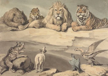 Een everzwijn, een luipaard, een leeuw, een tijger, een wolf, een ram en twee arenden