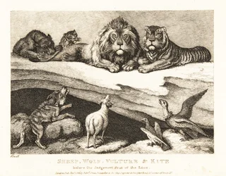 Een rechtszaak tussen dieren, met leeuw en tijger als rechters. 1811 (ets)