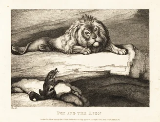 Een vos die dwaas een mannelijke leeuw in zijn hol nadert. 1811