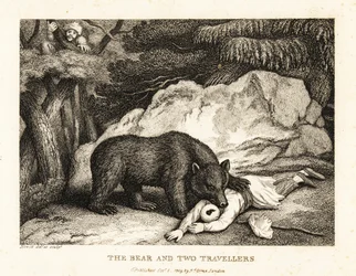 Een reiziger met tulband doet alsof hij dood is terwijl hij wordt aangevallen door een beer. 1811 (ets)