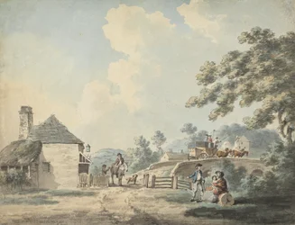 Het tolhuis met een koets die de brug oversteekt