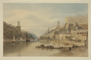 Uitzicht op de Avon bij Hotwells: De voorgestelde hangbrug, ca. 1836