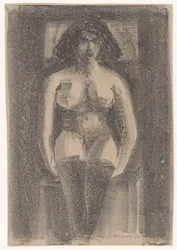 Zittend vrouwelijk naakt, met kousen aan