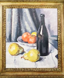 Appels, peren en een zwarte fles op een gedekte tafel, ca. 1928