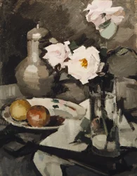Roze rozen in een glazen vaas, ca. 1924