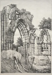 Een reeks oude gebouwen en landelijke huisjes in het noorden van Engeland: In York, ruïnes, 1821