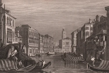 Gondels op het Canal Grande, Venetië, Italië, gravure naar tekening van Samuel Prout