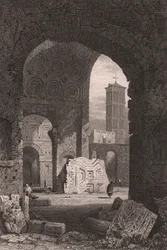De Tempel van Vrede of het Forum van Vespasianus, Rome, Lazio, Italië, staalgravure naar tekening van Samuel Prout, circa 15x115 cm
