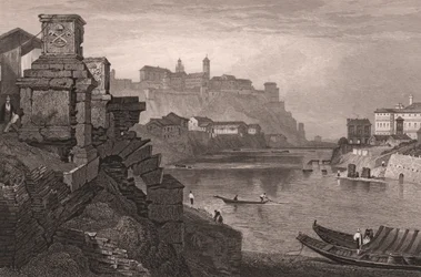 De Tiber met de Aventijn op de achtergrond, Rome, Italië, gravure naar tekening van Samuel Prout
