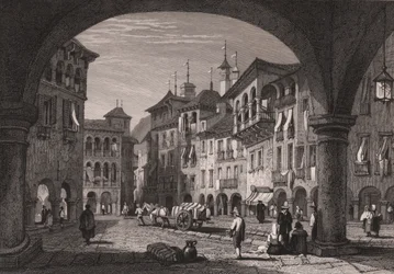 Uitzicht op de marktplaats in Domodossola, Piëmont, Italië, staalgravure naar een tekening van Samuel Prout (1783-1852)