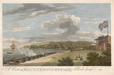 Een uitzicht op Mount Edgcumbe vanaf het blokhuis, pub. 1755