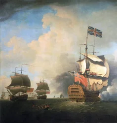 Oorlogsschepen van de Britse Koninklijke Marine, hun zeilen manoeuvrerend in de wind