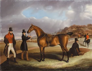Lord George Bentinck met zijn favoriete jager en stalknechten, in een landschap met een jacht op de achtergrond