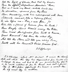 Laatste regels van Coleridges gedicht Hymne voor Zonsopgang in de Vallei van Chamouny, geschreven in het handschrift van de dichter en verzonden in een brief aan mevrouw Brabant van Devizes, 1815