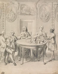 Interieur Scène met Familie aan Thee