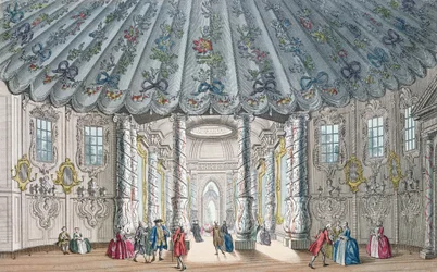 Interieur van de elegante muziekkamer in Vauxhall Gardens, gegraveerd door H. Roberts, 1752