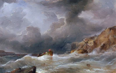 Een boot gezonken aan een rotsachtige kust, met de reddingsboot vol overlevenden. Olieverf op doek door Samuel Walters (1811-1882).