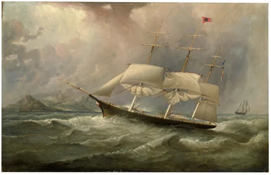 De Black Ball Line clipper schip Ocean Chief vermindert zeil op haar Australische reis, ca. 1853