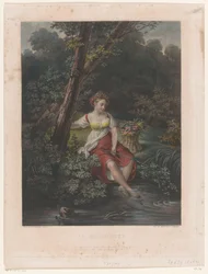 Jonge vrouw met bloemenkrans en voeten in het water