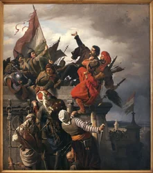 Het offer van Titusz Dugovics (? -1456). Hongaarse nationale held, die zich onderscheidde tijdens het beleg van Belgrado door het Ottomaanse Rijk. Schilderij door Sandor Wagner (1838-1919)