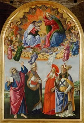 Kroning van de Maagd met zestien engelen en de heiligen Johannes de Evangelist, Augustinus, Hiëronymus en Eligius