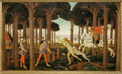 Het verhaal van Nastagio degli Onesti, eerste van drie panelen: Nastagio loopt droevig in een bos ... (schilderij op hout)