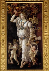 Herfst of allegorie tegen wijnmisbruik. Een jonge vrouw draagt op haar hoofd een mand vol fruit die de overvloed voorstelt en sleept twee dronken kleine kinderen aan de hand mee (Bacchus). Schilderij van Alessandro di Mariano dei Filipepi, genaamd Sandro