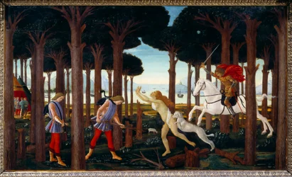Geschiedenis van Nastagio degli Onesti: Ontmoeting met de verdoemde in het dennenbos, eerste paneel van een serie van vier: Nastagio, ongelukkig in de liefde, ziet de achtervolging van een jonge vrouw door een ruiter wiens liefde ze niet deelt, ze zal eind