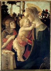 De Maagd en het Kind Jezus met de jonge Johannes de Doper als kind. Schilderij van Alessandro di Mariano dei Filipepi, genaamd Sandro Botticelli (1445-1510). 15e eeuw. 0,90 x 0,67 m - De Maagd, het Kind Jezus en Johannes de Doper als kind. Schilderij